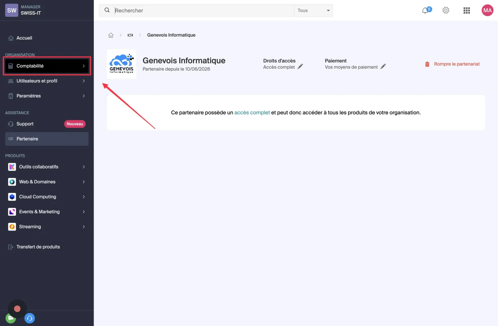 Étape 7, Menu Comptabilité