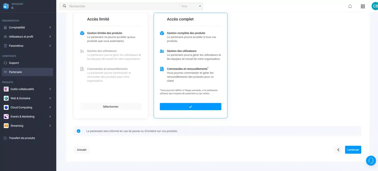 Choix de l'accès complet