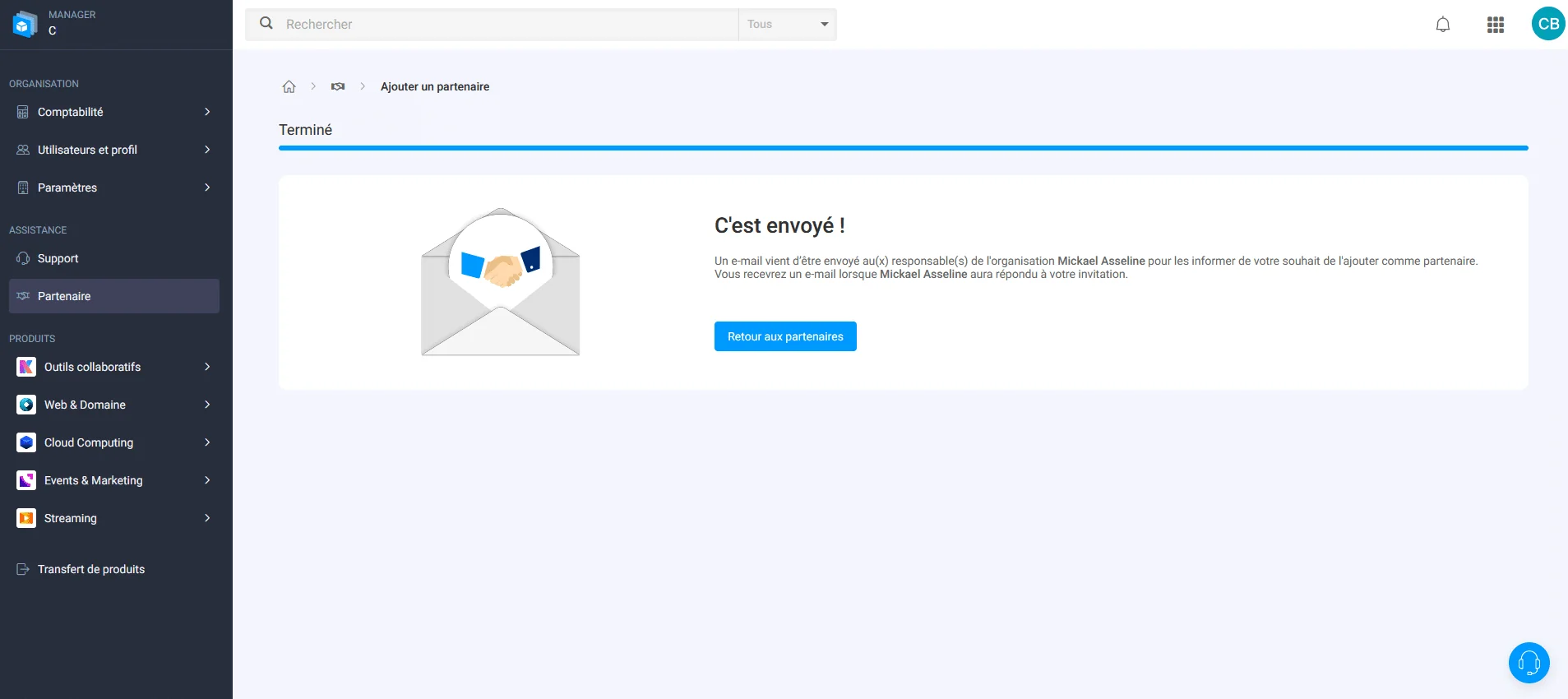 Confirmation d'envoi de la demande partenaire